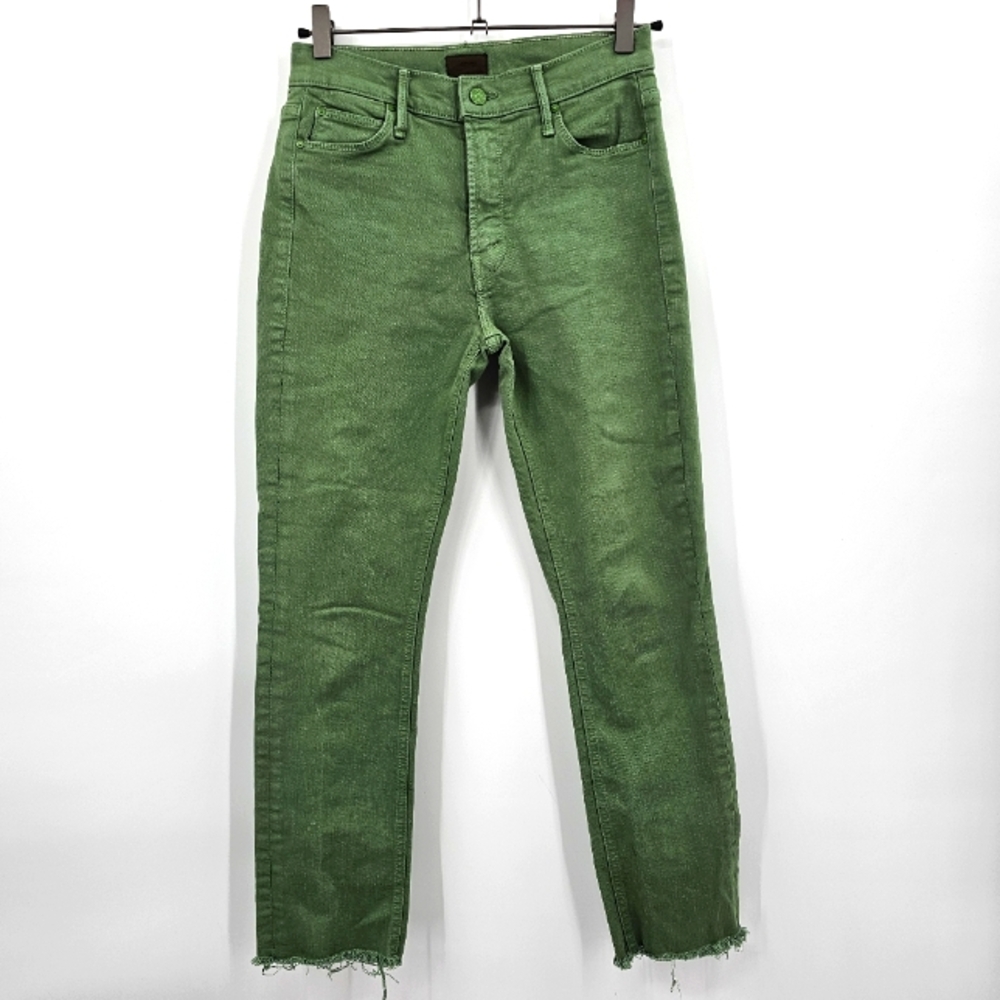 MOTHER Green Cropped Ankle Jeans with Frayed Hem